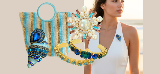 Ice Blue themed accessories including a tote bag, brooches, and crystal cuff bracelets from JuJu Loves