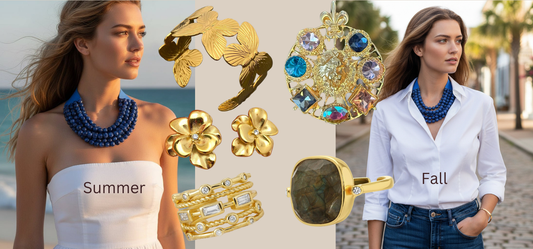 A collage image on how to transition your jewelry from summer to fall with various accessories from JuJu Loves