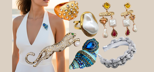 Wedding guest accessories including brooches, earrings, rings, and a headband from JuJu Loves