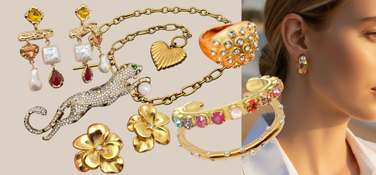 Your 12 piece statement jewelry capsule including earrings, bracelets, a nekclace, brooch, and ring from JuJu Loves