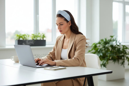 woman in a tan blazer and white tank wearing a blue and white striped headband with pearl embellishment working in an office setting at her laptop