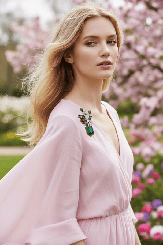 How to wear a brooch on a dress featuring a woman in a pale pink dress with an emerald green floral brooch in an outdoor spring setting