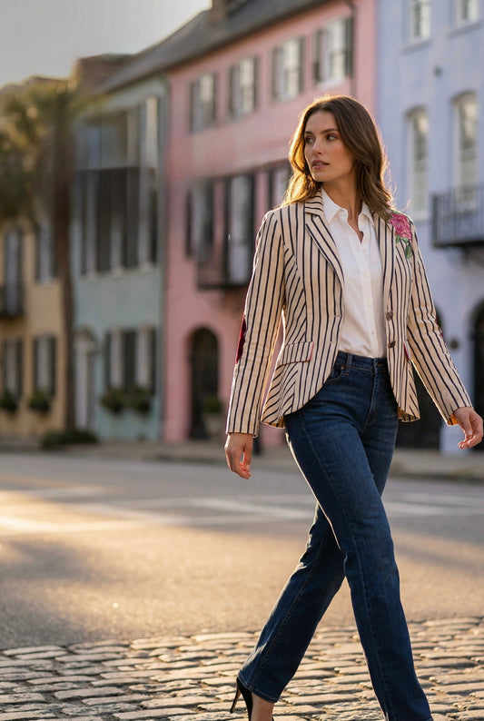 a Woman in a black stripe blazer and jeans walking in a Charleston outdoor setting