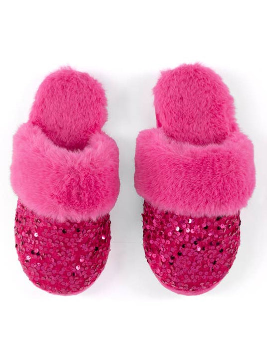 Cozy loungewear that looks cute featuring hot pink sequin and faux fur slippers against a white background
