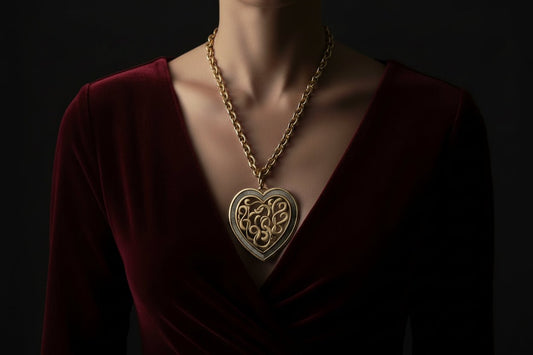 A woman wearing a large gold filigree heart necklace in a burgundy dress with a black background
