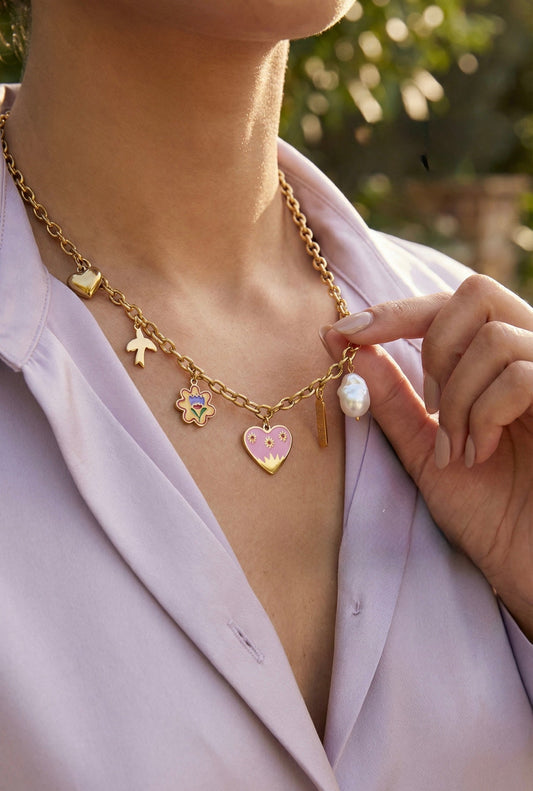 Charm Necklaces Trend Report featuring a gold chain necklace with multiple charms and center enamel heart charm