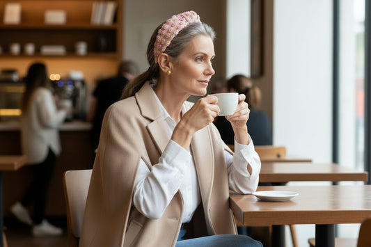 A woman in a beige cape coat, white blouse, and pink and tan raffia headband drinking coffee in a coffee in a coffee shop. Best headbands for woman over 40 and 50 from JuJu Loves