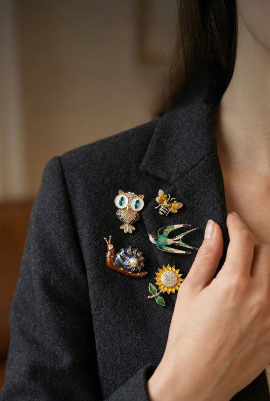 The playful trend of animal brooches featuring a woman wearing 5 decorative brooches on a dark gray blazer