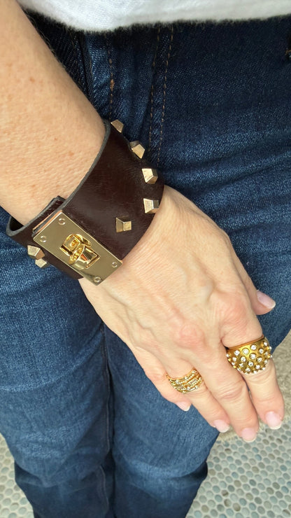 Brown Leather Cuff Bracelet with Gold Studs