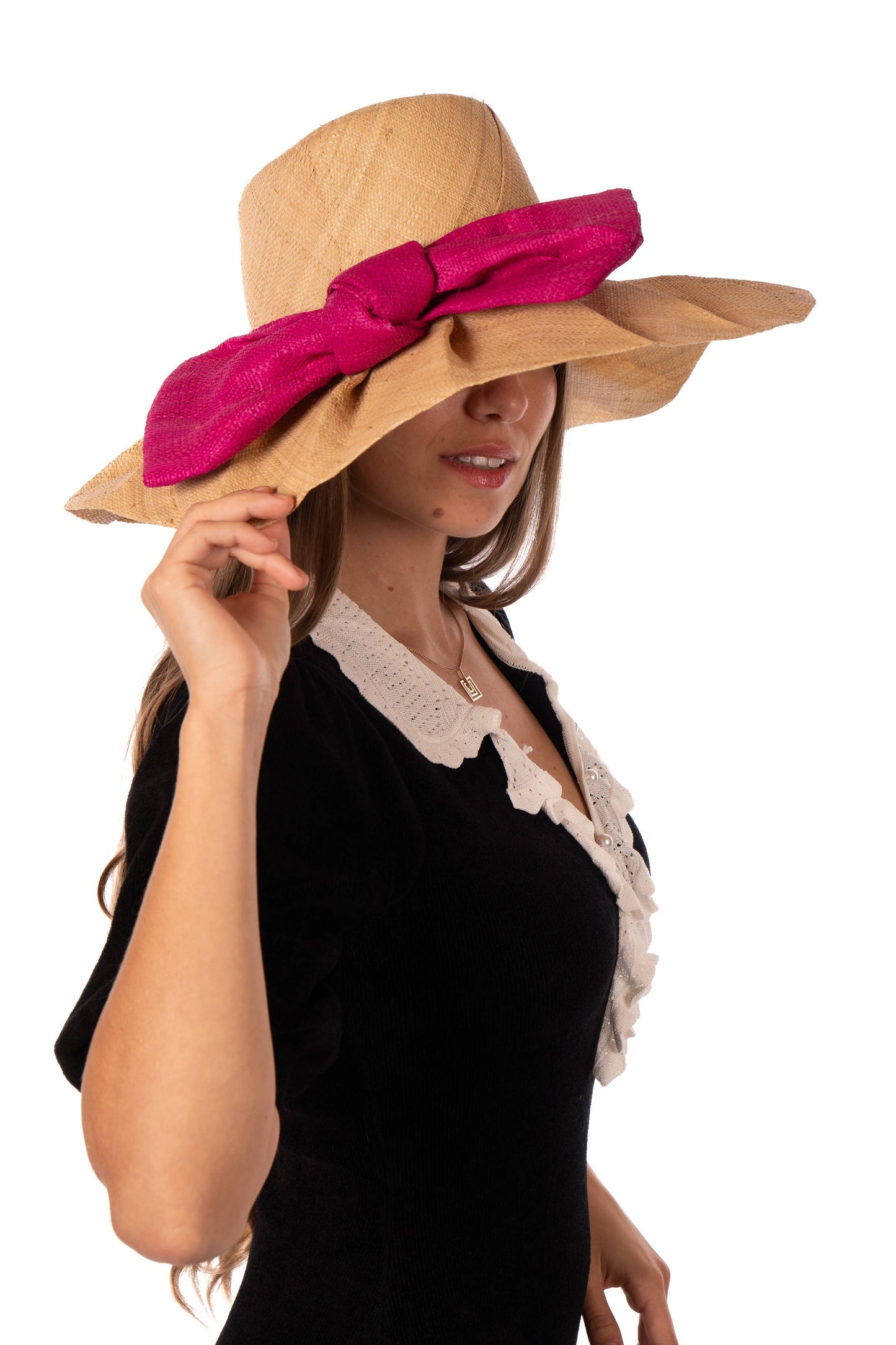 Pleated Raffia Sun Hat with Bow, Fuchsia