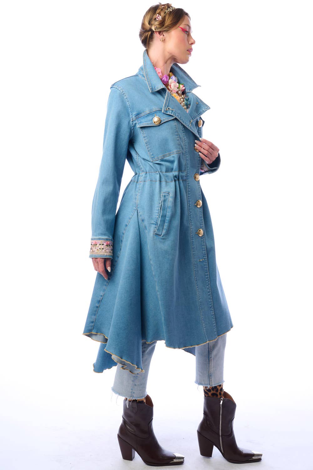 Denim Statement Trench Coat with Embroidered Cuffs and Asymmetric Hem