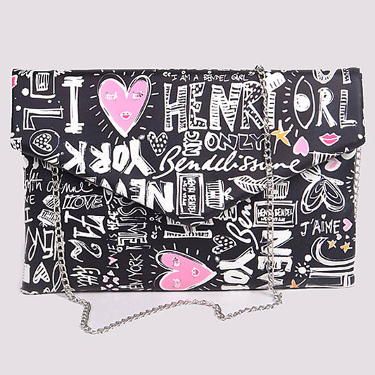 Graffiti Printed Envelope Clutch with Chain