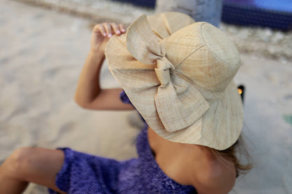 Pleated Raffia Sun Hat with Bow, Fuchsia