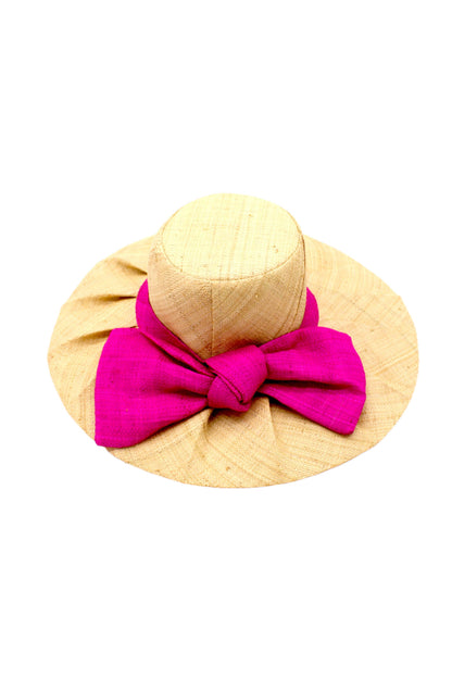 Pleated Raffia Sun Hat with Bow, Fuchsia