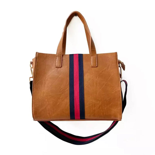 The Drea Striped Vegan Leather Messenger Mini Tote : Brown with Red Stripe