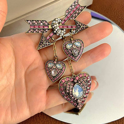 Pink Crystal Heart & Bow Brooch with Dangling Hearts