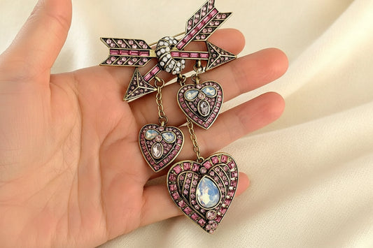 Pink Crystal Heart & Bow Brooch with Dangling Hearts