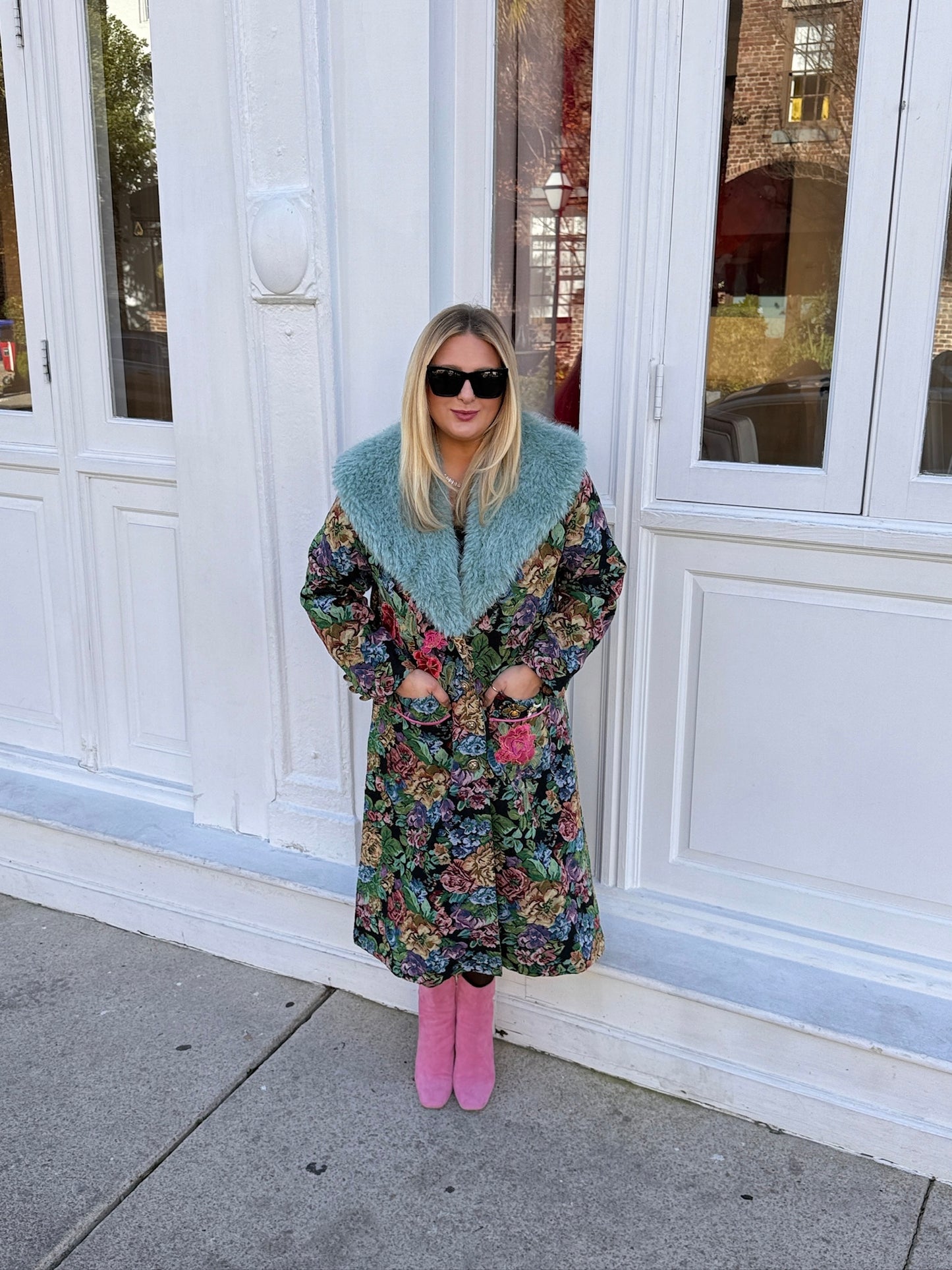 Jacquard Coat with Faux Fur Collar