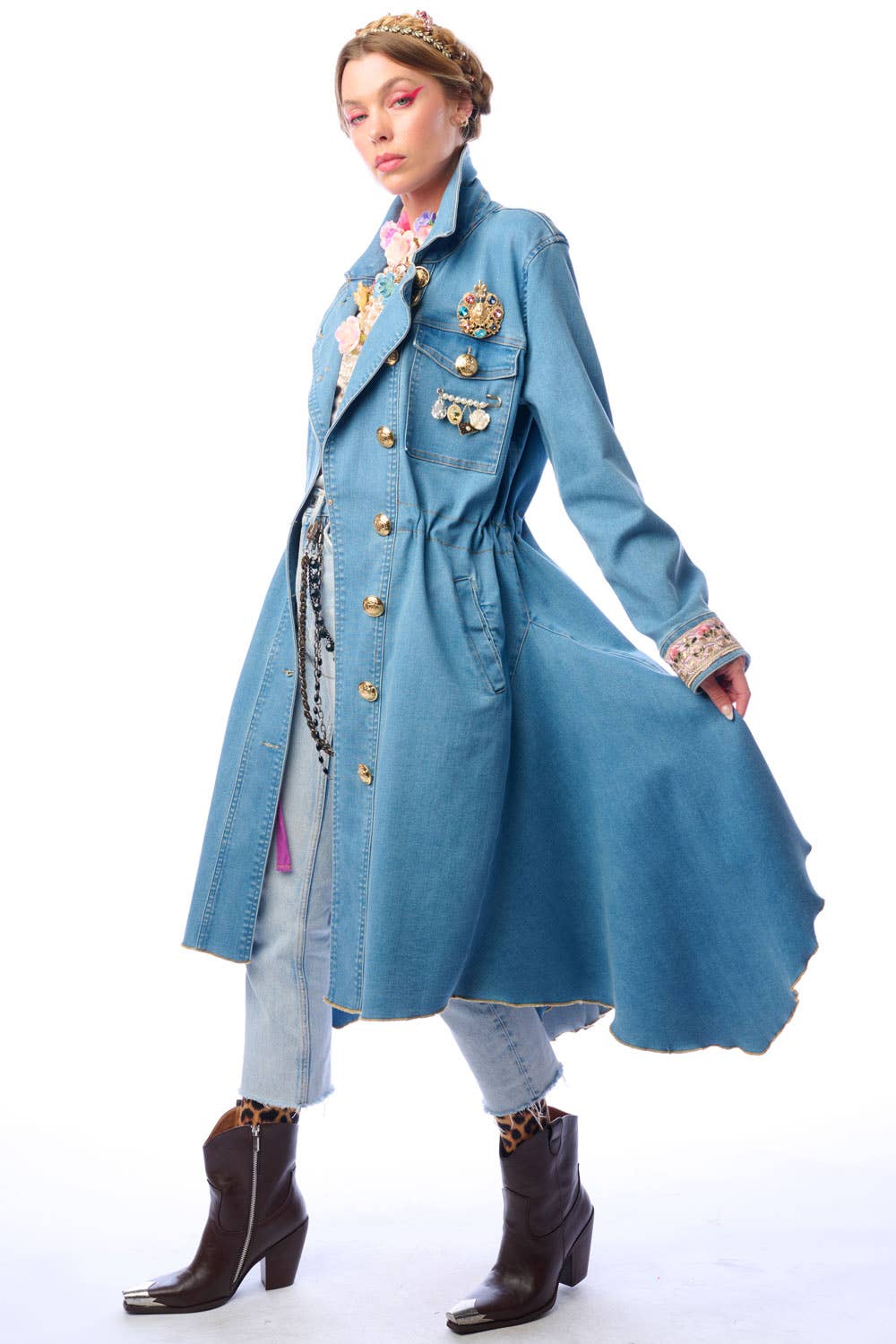 Denim Statement Trench Coat with Embroidered Cuffs and Asymmetric Hem