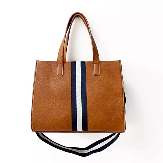 The Drea Striped Vegan Leather Messenger Mini Tote: Brown with Navy Stripe