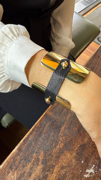 Brass Cuff Bracelet with Removable Black Leather Strap