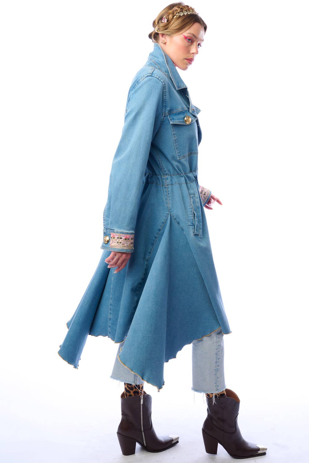 Denim Statement Trench Coat with Embroidered Cuffs and Asymmetric Hem