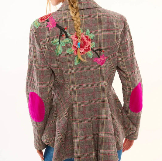 Vivienne Floral Embellished Blazer, Washed Plaid