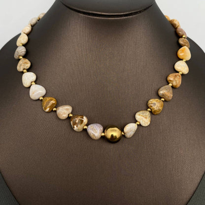 Heart Agate 18K Golden S.Steel Bead Necklace - FGS/CS