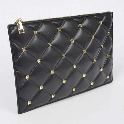 Studded Quilted Vegan Leather Pouch, Black