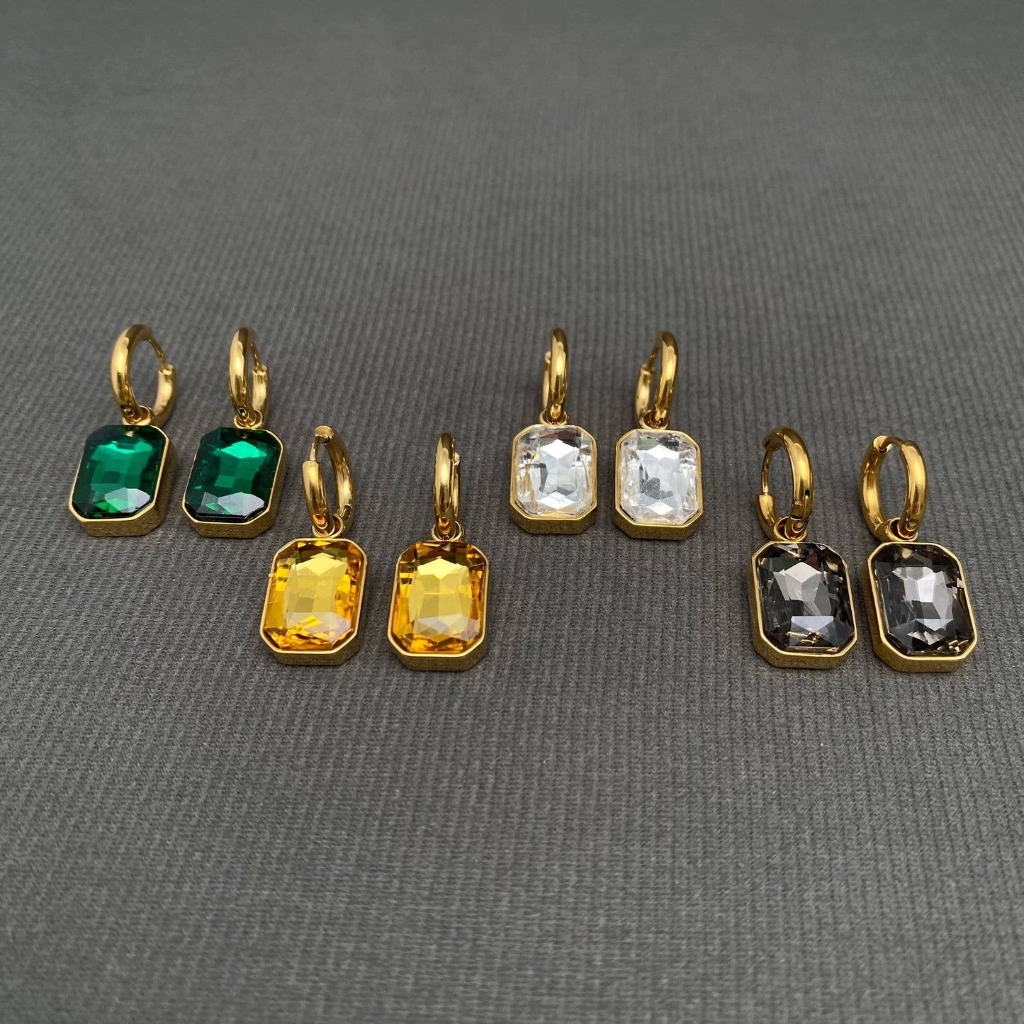 Square Zircon 18K Gold Plated S.Steel Huggie Earrings - FGS: Green
