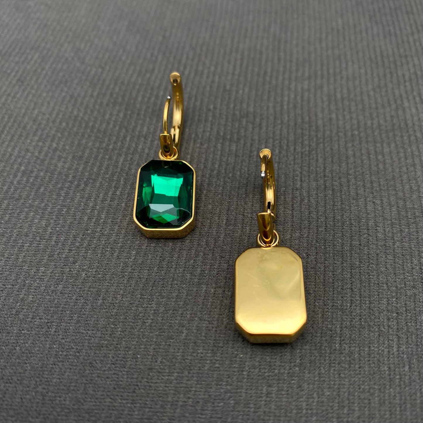 Square Zircon 18K Gold Plated S.Steel Huggie Earrings - FGS: Green