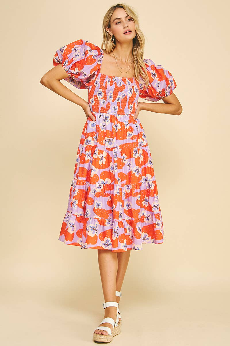 Floral Print Smocked Midi Dress, Lavender/Red