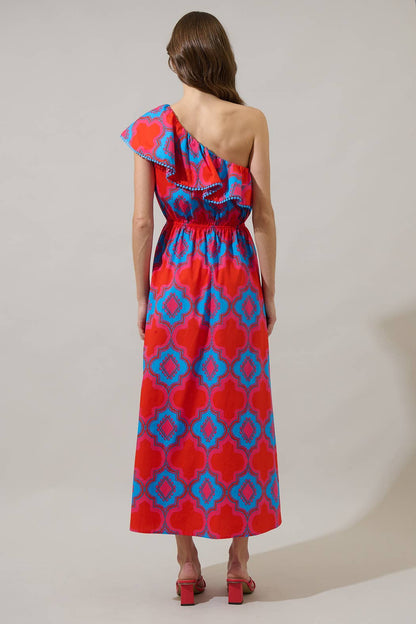 One Shoulder Maxi Dress - Red and Blue