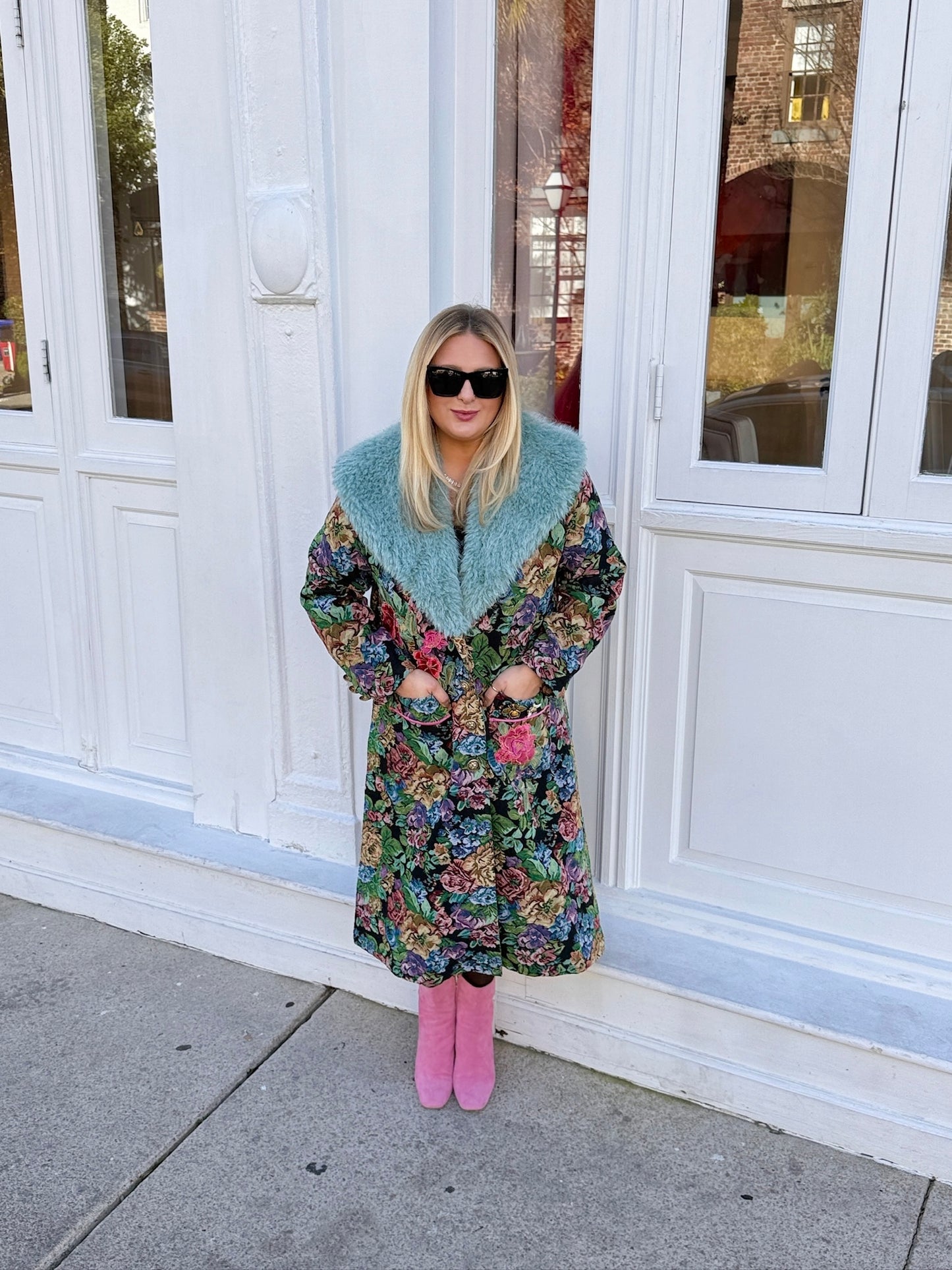 Jacquard Coat with Faux Fur Collar