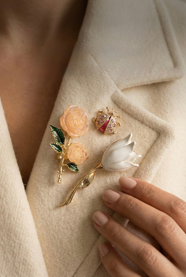 Spring brooch set with rose tulip and bee enamel pins — JuJu Loves
