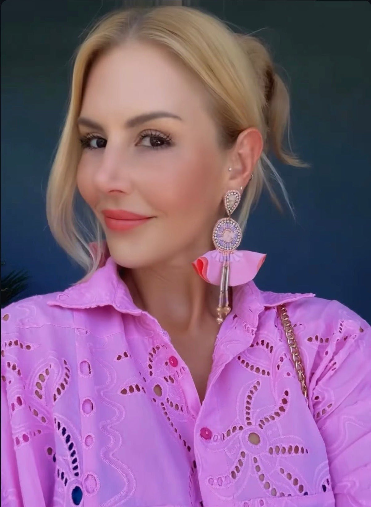 Pink Beaded Statement Earrings with Floral Accents