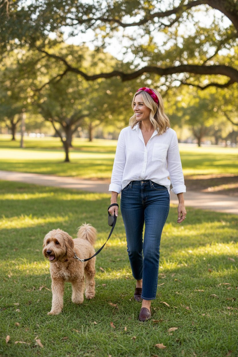 a woman in a white blouse and jeans with a red and pink velvet headband holding the leash for a golden doodle dog in an outdoor park setting