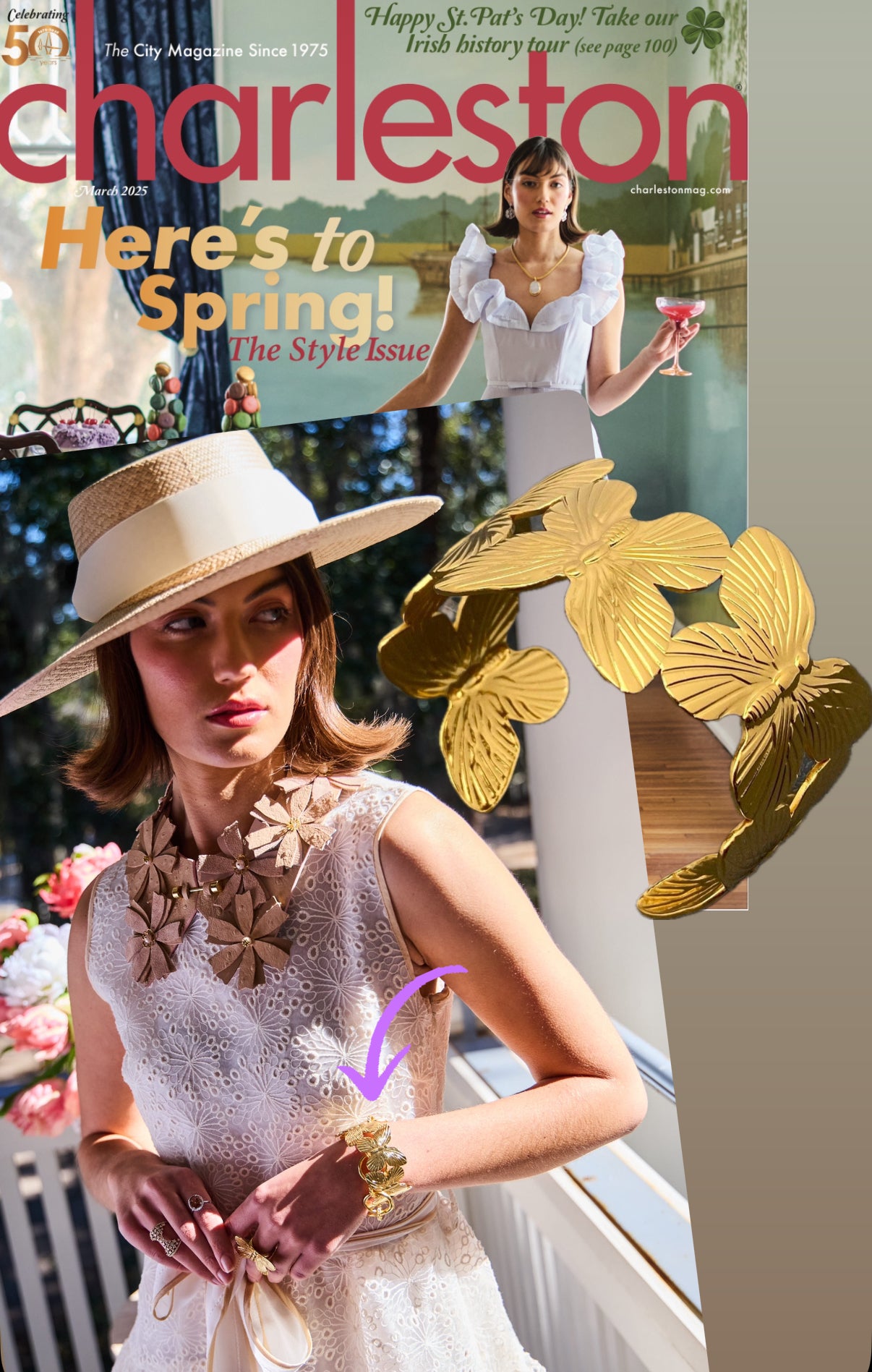 Magazine cover with a woman in a white dress and hat, featuring 'Charleston' magazine.