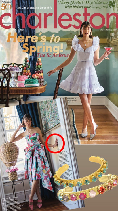 Magazine cover featuring a woman in a white dress with 'Here's to Spring!' text and a colorful necklace.
