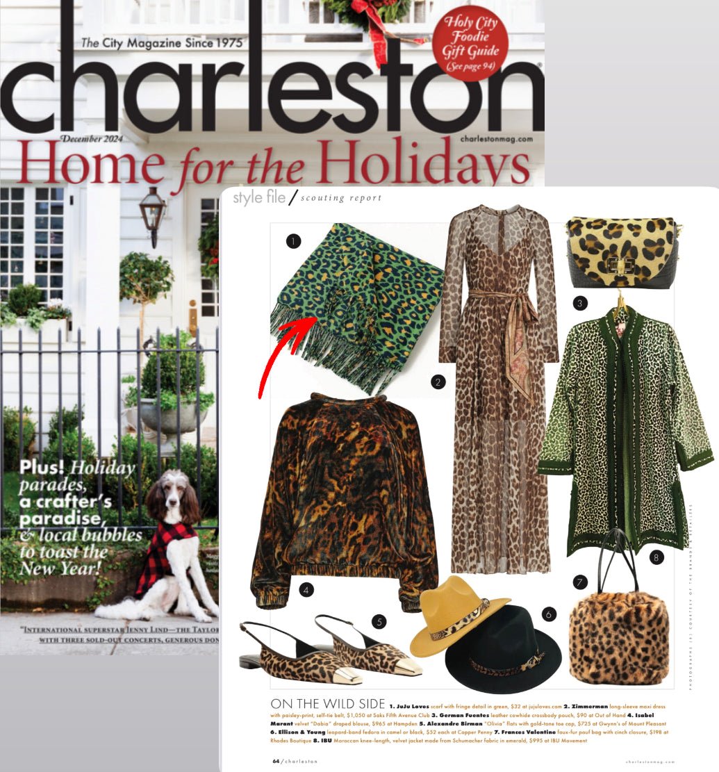 Magazine cover featuring 'Charleston' with holiday-themed fashion and lifestyle content including a green leopard print scarf from JuJu Loves