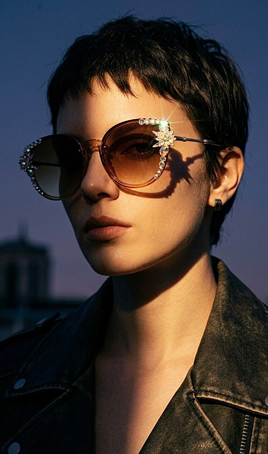 Crystal Embellished Cat Eye Sunglasses - Brown