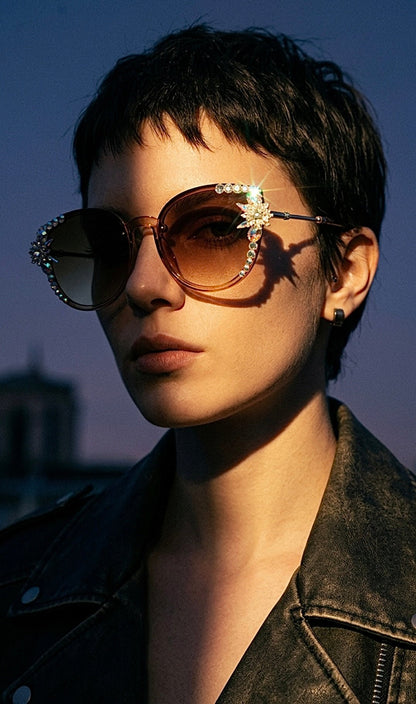 Crystal Embellished Cat Eye Sunglasses - Brown