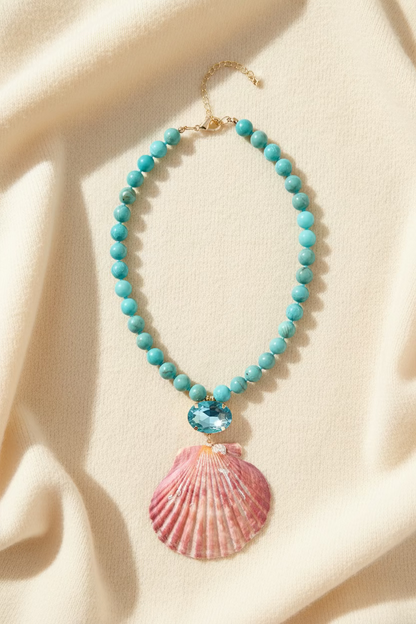 Scallop Shell Pendant Necklace with Turquoise Beads