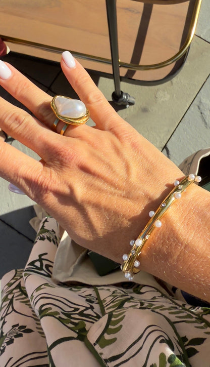 Gold Pearl Bangle Bracelet with Rhinestone Detail