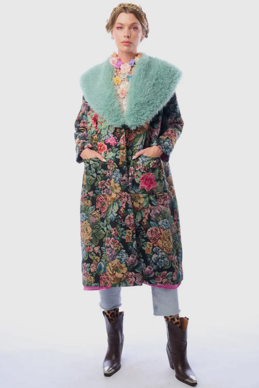 Jacquard Coat with Faux Fur Collar