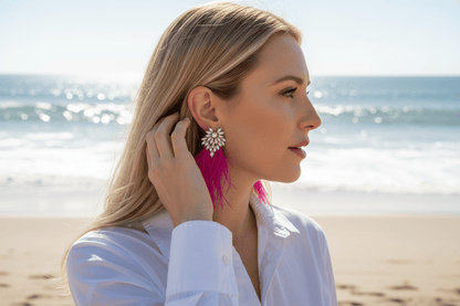 Fuchsia Feather & Rhinestone Earrings