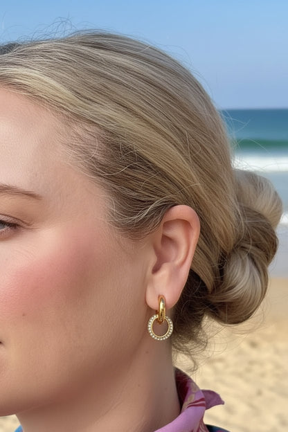 Gold Pavé Crystal Circle Huggie Drop Earrings