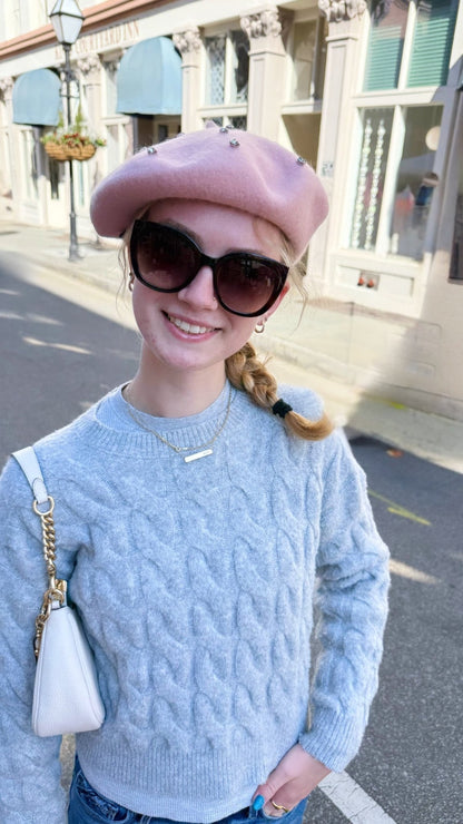 Rhinestone Studded Beret – Light Pink