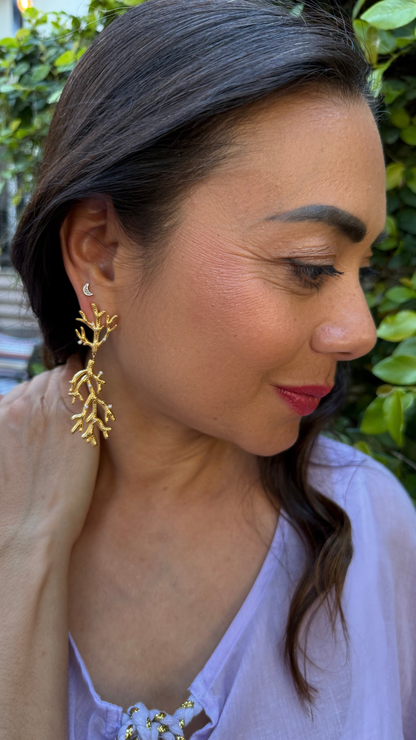 Gold Pearl Encrusted Coral Branch Earrings
