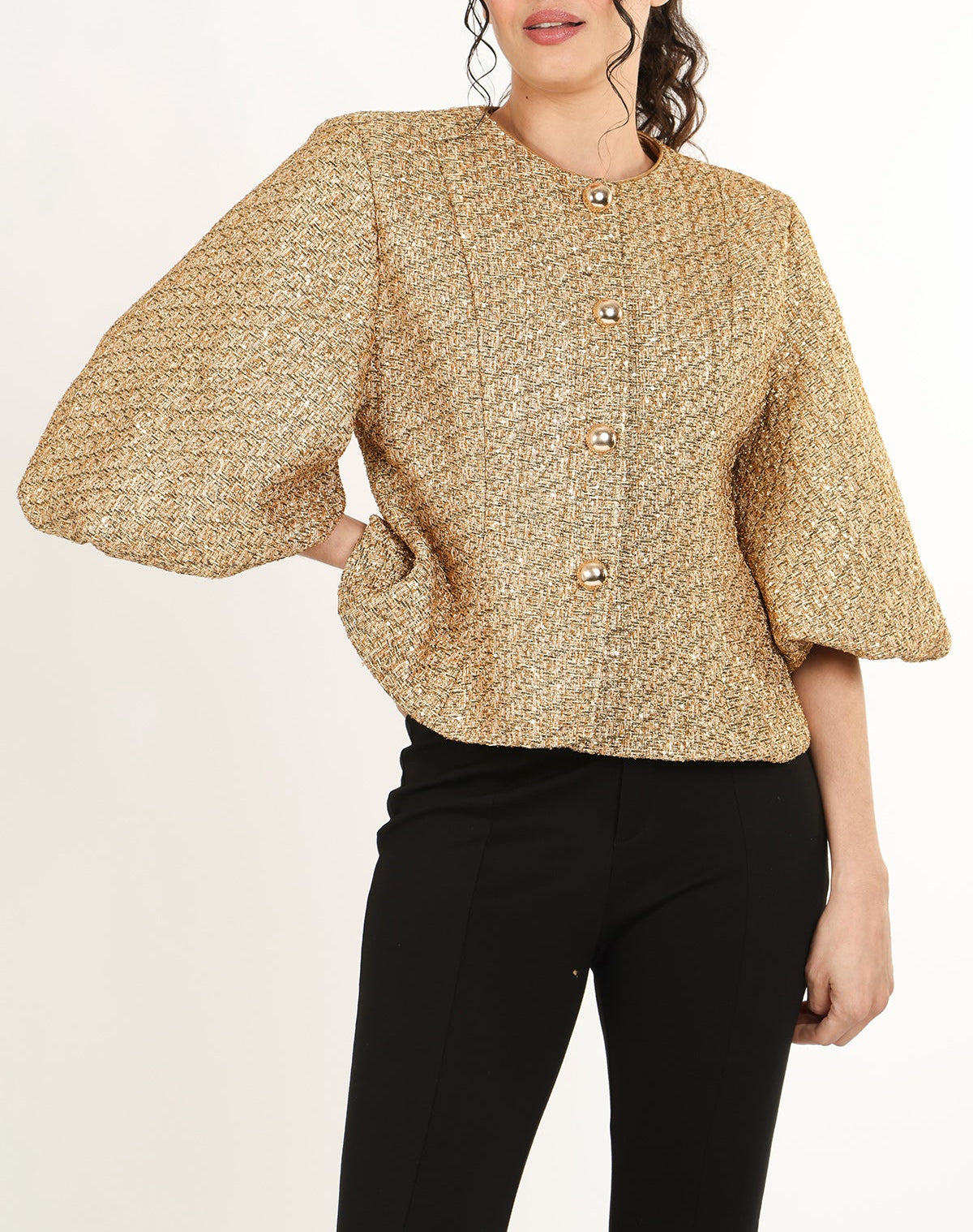 Gold Tweed Puff Sleeve Jacket